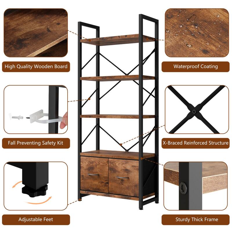 5-Tier Wood Storage Bookshelf with Anti-tipping & Drawers