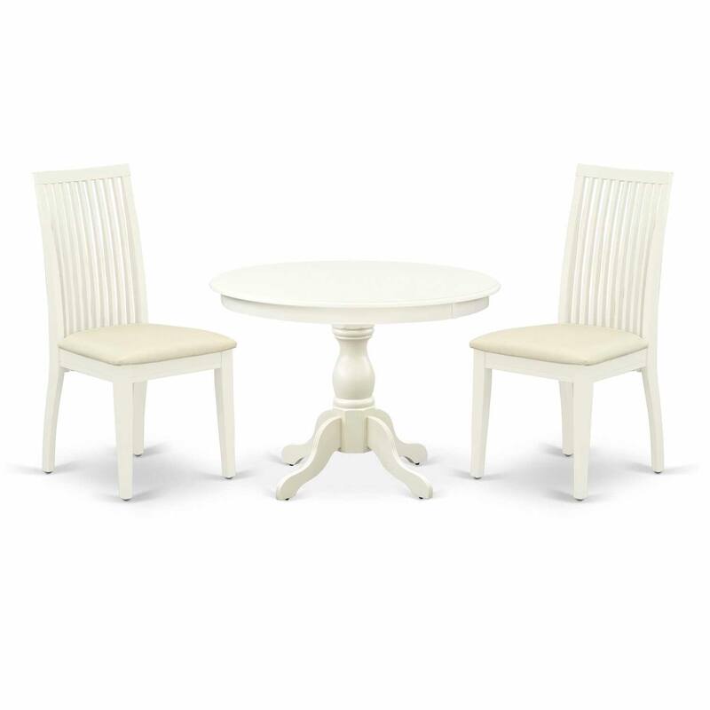 3-Piece Linen White Finish Solid Wood Top - Round Dining Room Set - Seats 4