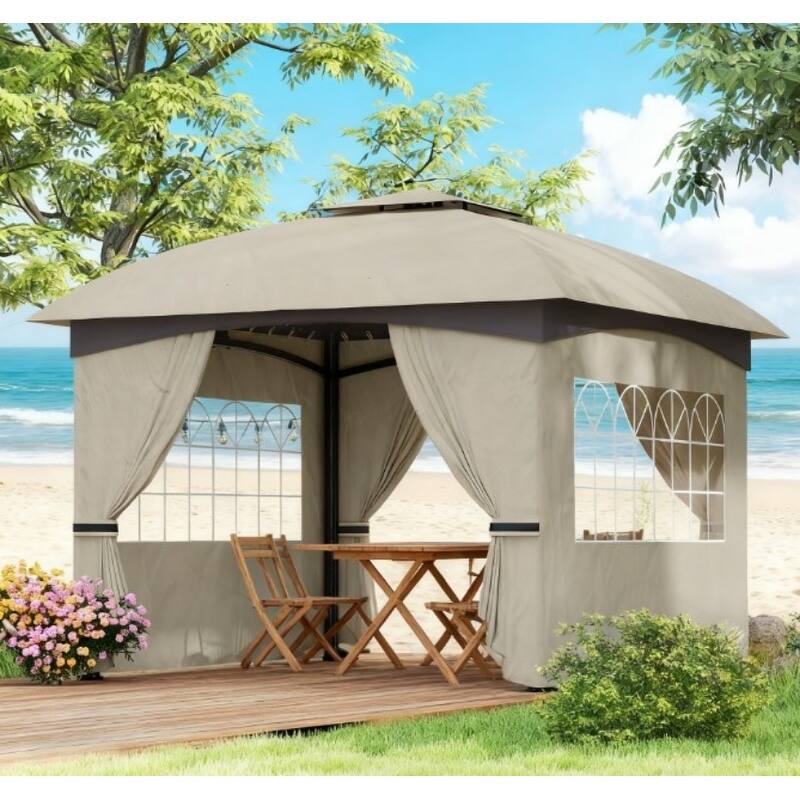 GDFStudio - 11'x11' Double Roof UV Protected Patio Gazebo with Church Windows & Curtains - Light Gray
