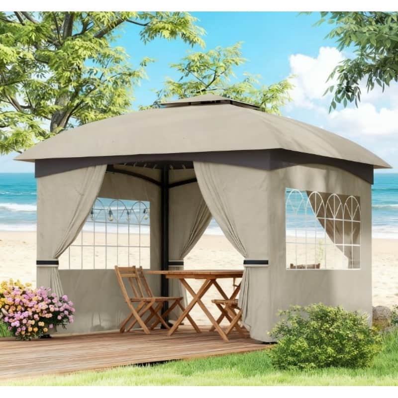 GDFStudio - 11'x11' Double Roof UV Protected Patio Gazebo with Church Windows & Curtains