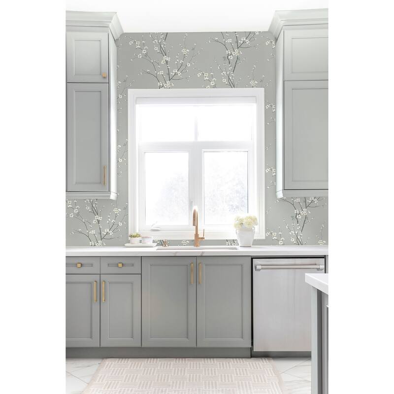 A-Street Prints Monterey Silver Mist Floral Branch Wallpaper