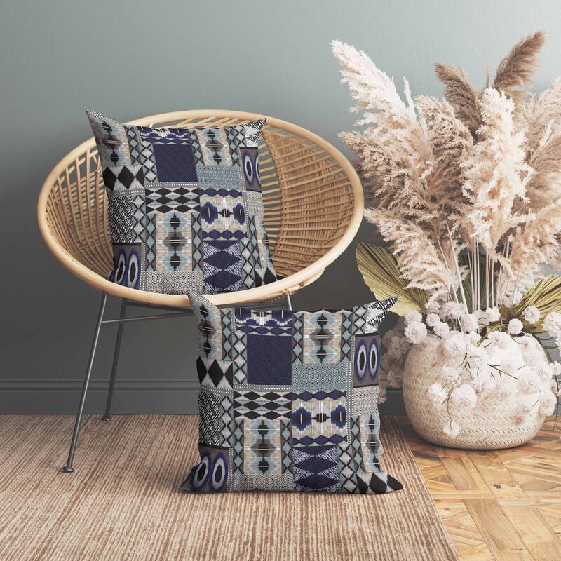 Patched Perfection Indoor/Outdoor Reversible Throw Pillow Blue and Granite