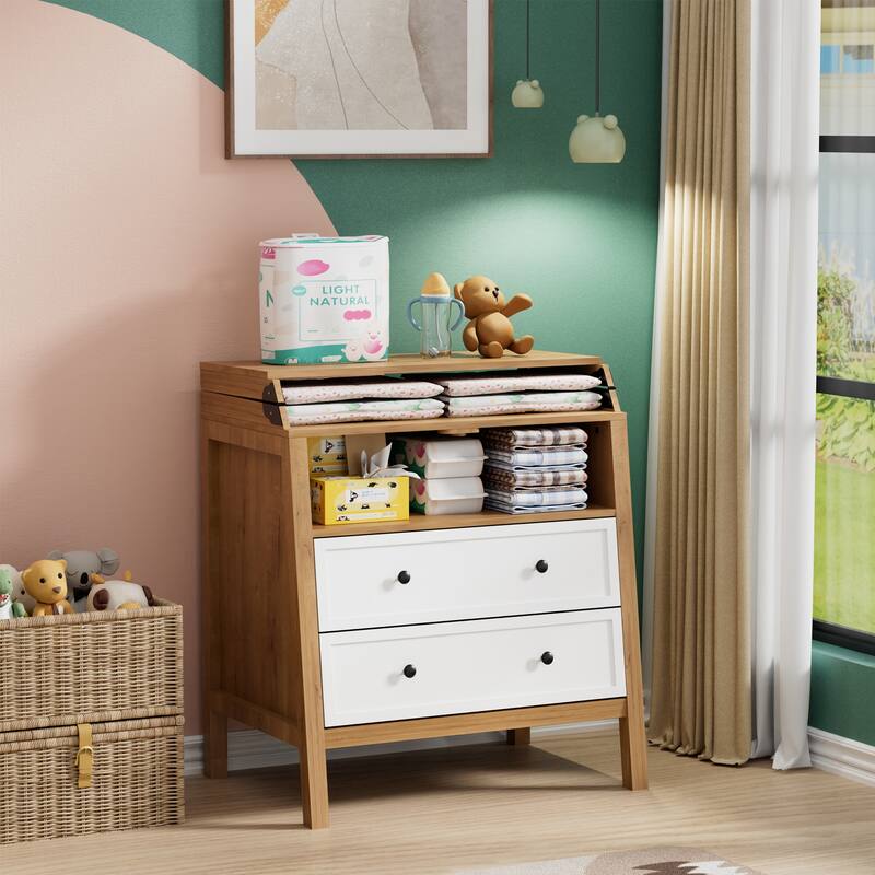 Baby Changing Table Multi-Functional 2 Drawer Dresser - Brown/White