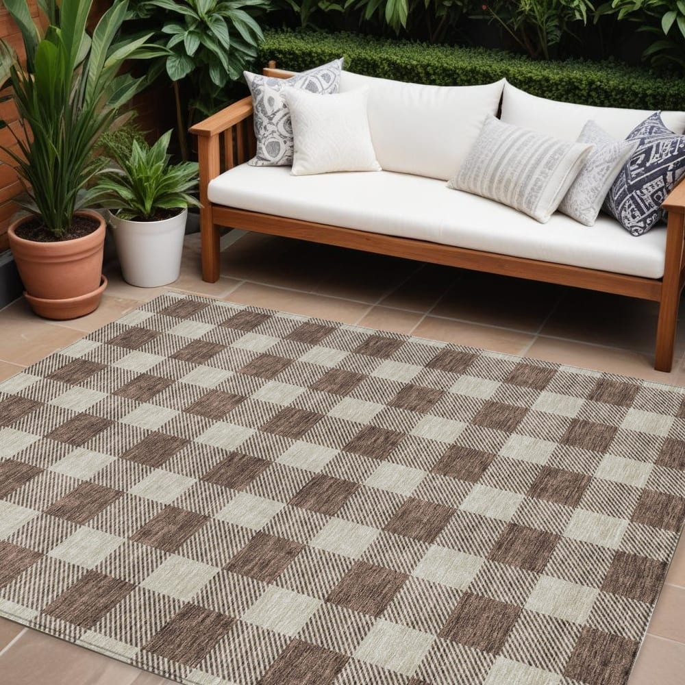 HomeRoots Plaid Transitional Rectangle Outdoor Rug