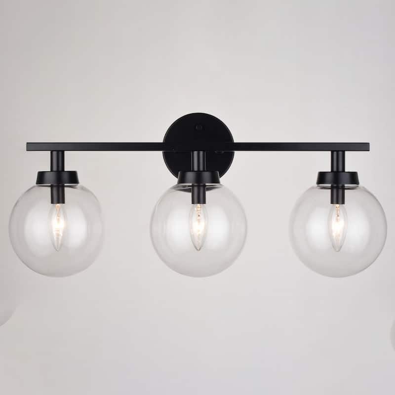 Lander Matte Black Bathroom Vanity Wall Fixture with Clear Glass Globes