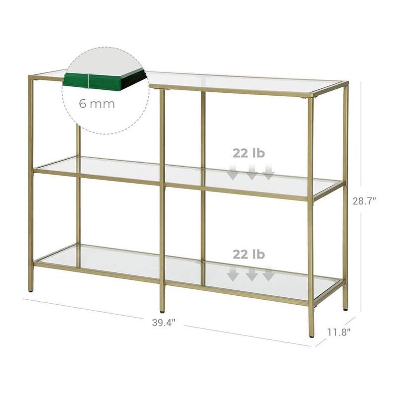 Metallic Gold 3-Tier Storage Console Table with Tempered Glass Shelves and Steel Frame - 39.4"L x 11.8"W x 28.7"H