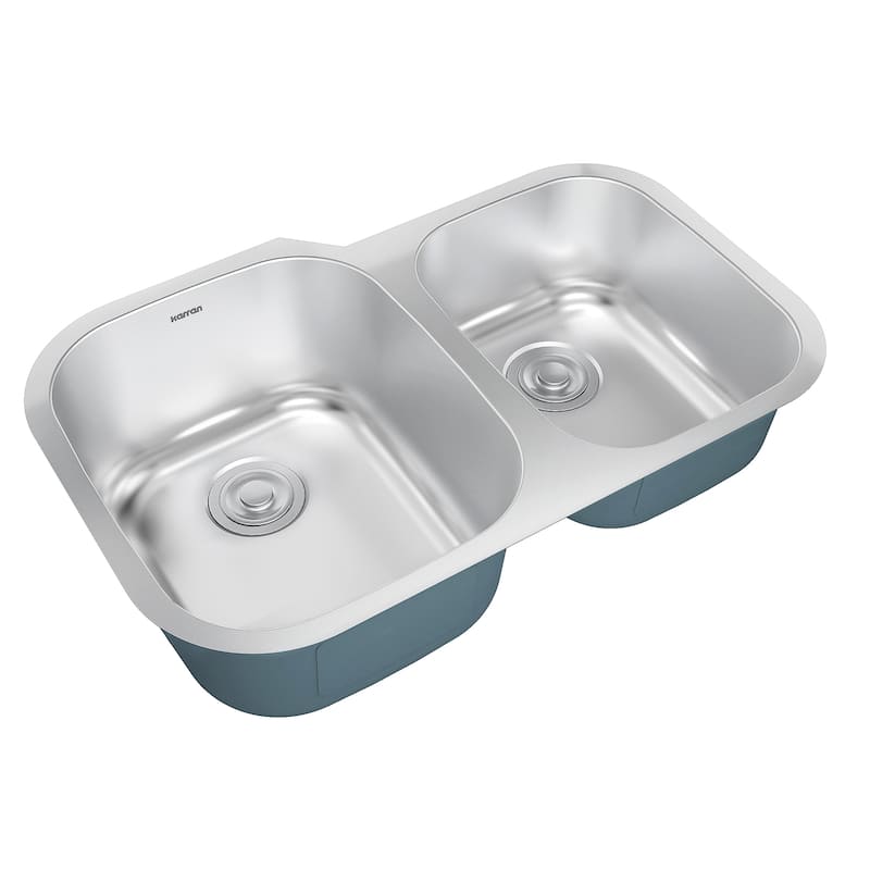 Karran Profile 31" Undermount 18 Gauge Double Offset Bowl Stainless Steel Kitchen Sink with Accessories