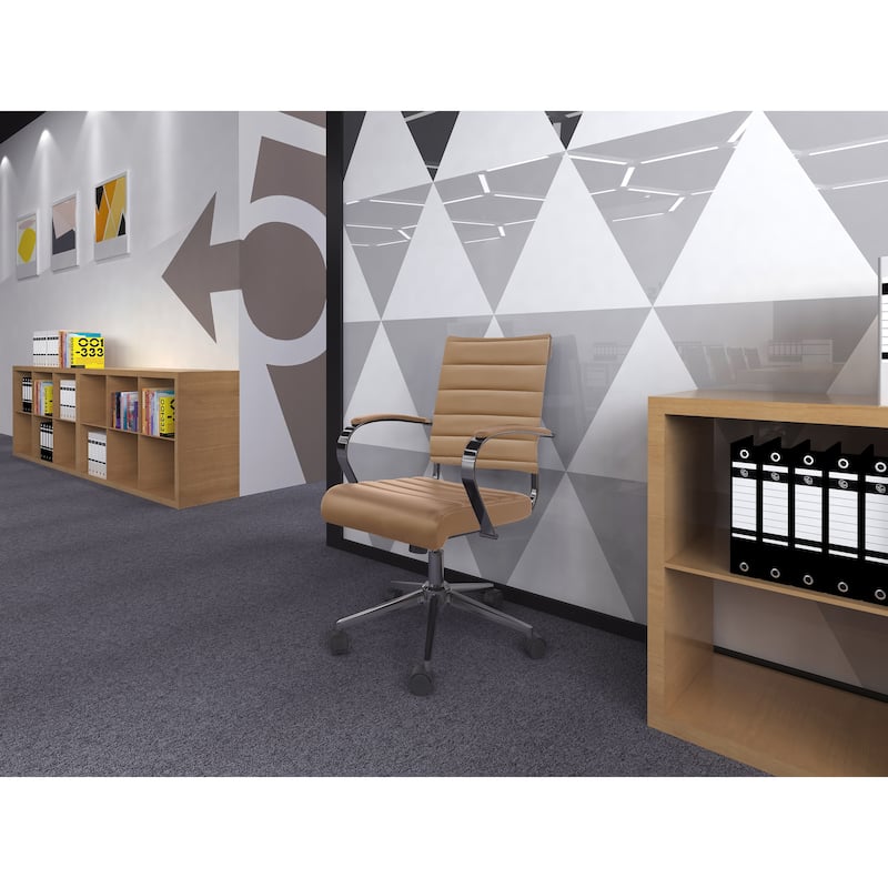 Black Office Chairs Mid Back Ribbed PU Leather Executive Task Work Conference With Arms Wheels Tilt Swivel Rolling