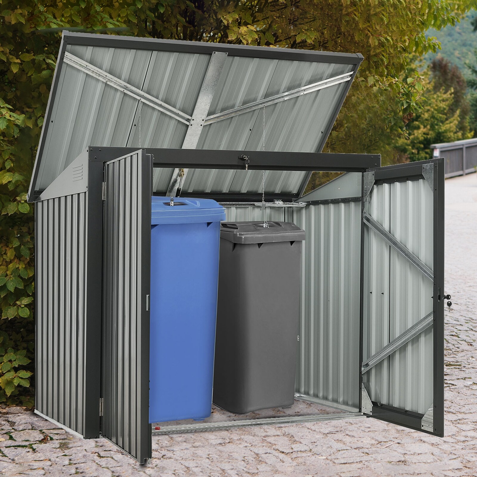 Garbage Bin Shed Stores 2 Trash Cans Metal Outdoor Bin Shed for