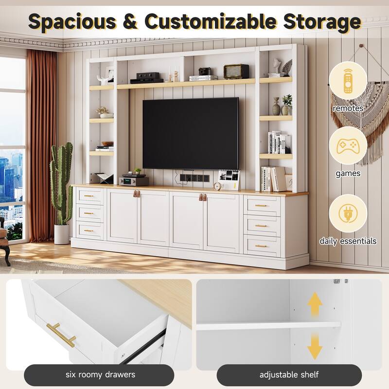 4-Piece Entertainment Center Wall Unit Set with Bridge for TVs Up to 70'', TV Stand W/Adjustable Shelves, Large Media Console