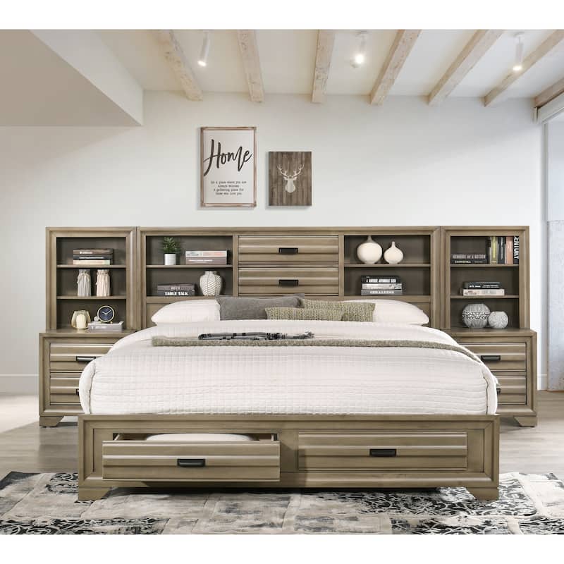 Roundhill Furniture Loiret Rubbed Gray Oak Finish Wood Storage Platform WallBed with Dresser, Mirror, Chest