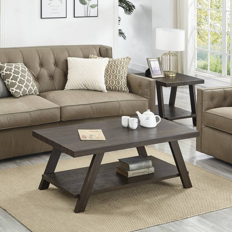 Modern Rectangular Wood Shelf Coffee Table with 1 Coffee Table and 2 Side Tables Splayed Legs, for Living Room