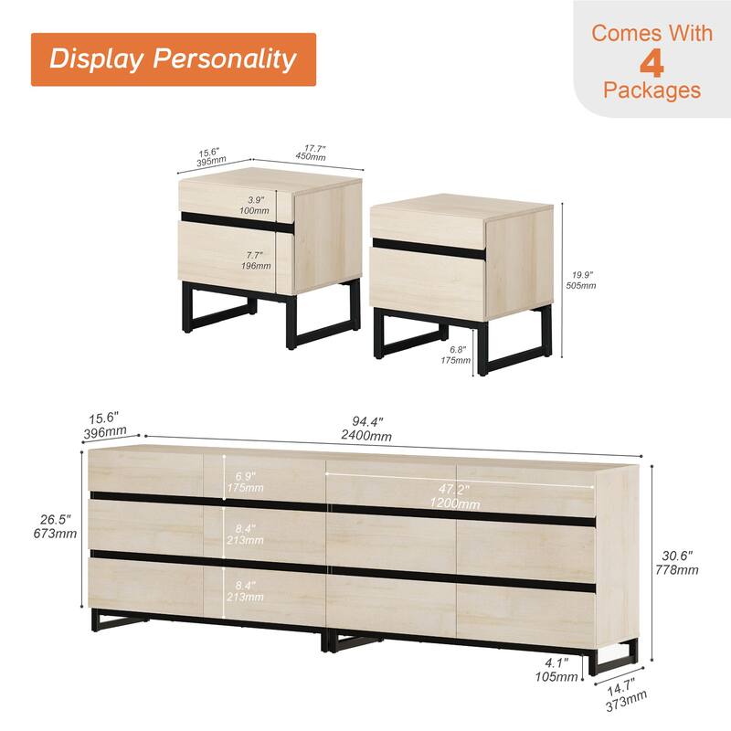 3-Piece Bedroom Furniture Set,Dresser &Chest With 12 Drawers, 2 Nightstand for Bedroom, Bedroom Furniture Set
