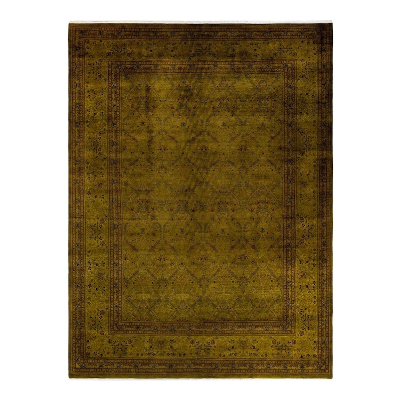 Overton Hand Knotted Wool Vintage Inspired Modern Contemporary Overdyed Green Area Rug - 9' 2" x 12' 4"