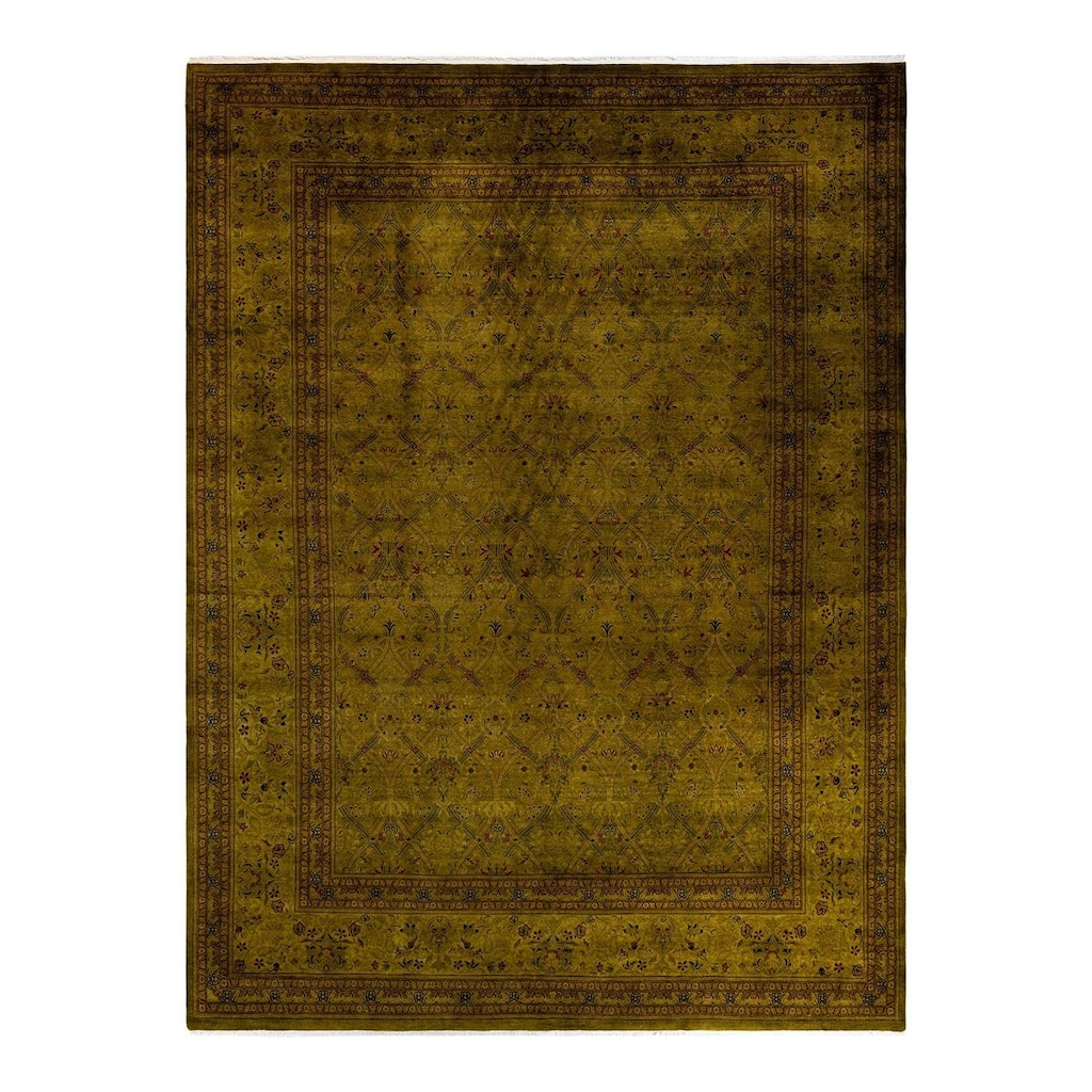 Overton Hand Knotted Wool Vintage Inspired Modern Contemporary Overdyed Green Area Rug - 9' 2" x 12' 4"