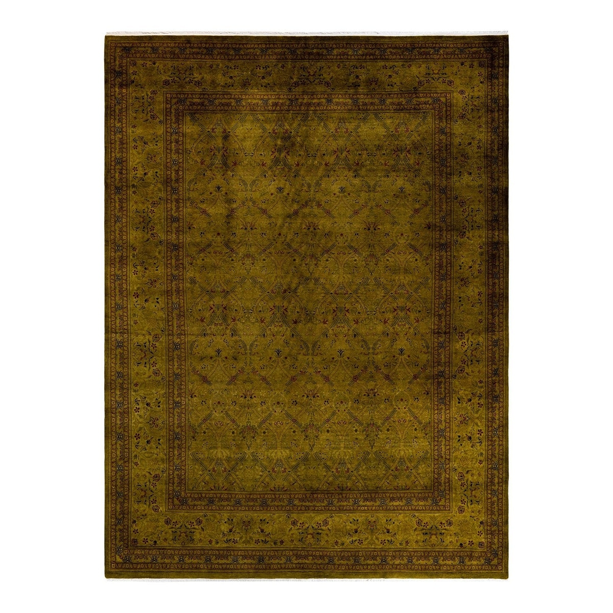 Overton Hand Knotted Wool Vintage Inspired Modern Contemporary Overdyed Green Area Rug - 9' 2" x 12' 4"