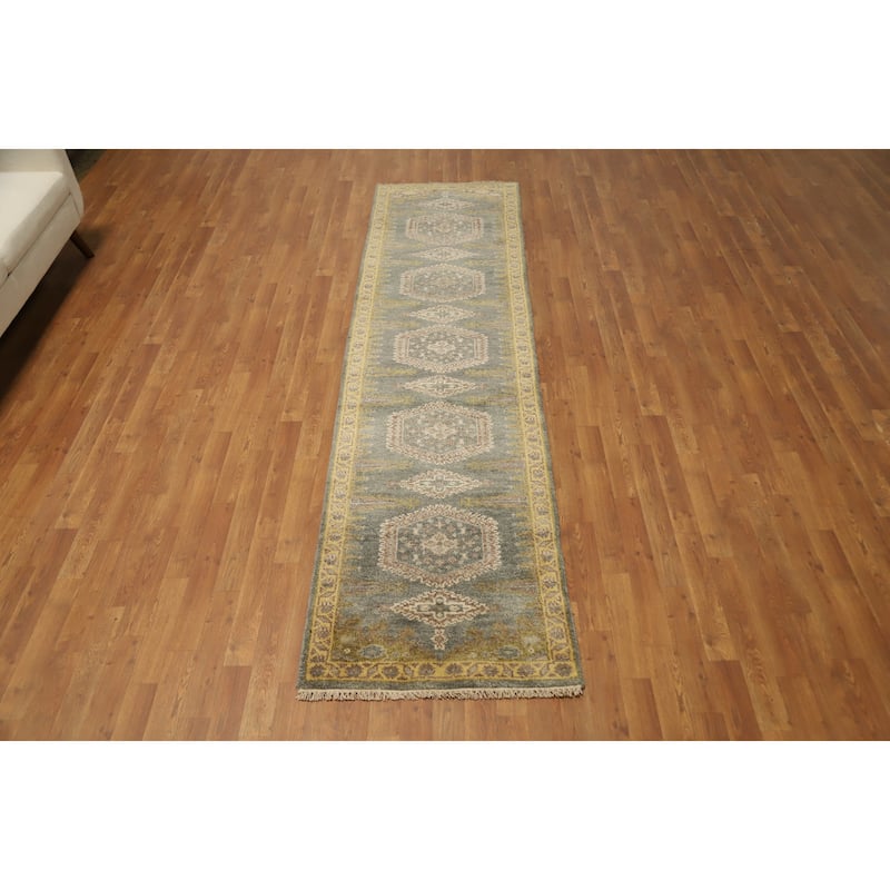 Hand Knotted Oriental 100% Wool Carpet Traditional Geometric Greys & Charcoal Viss Runner Rug - 9' 10'' X 2' 7''