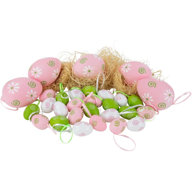 29 Pastel Pink and White Painted Floral Egg Ornaments 3.25"