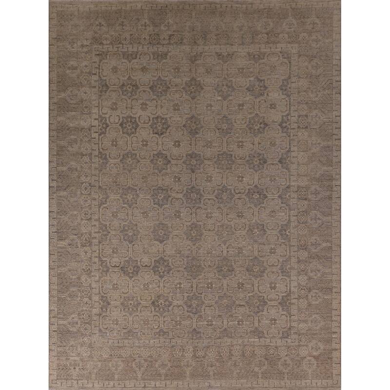 All-Over Geometric Oushak Vegetable Dye Rug Hand-Knotted Wool Carpet - 8'0" x 9'11"