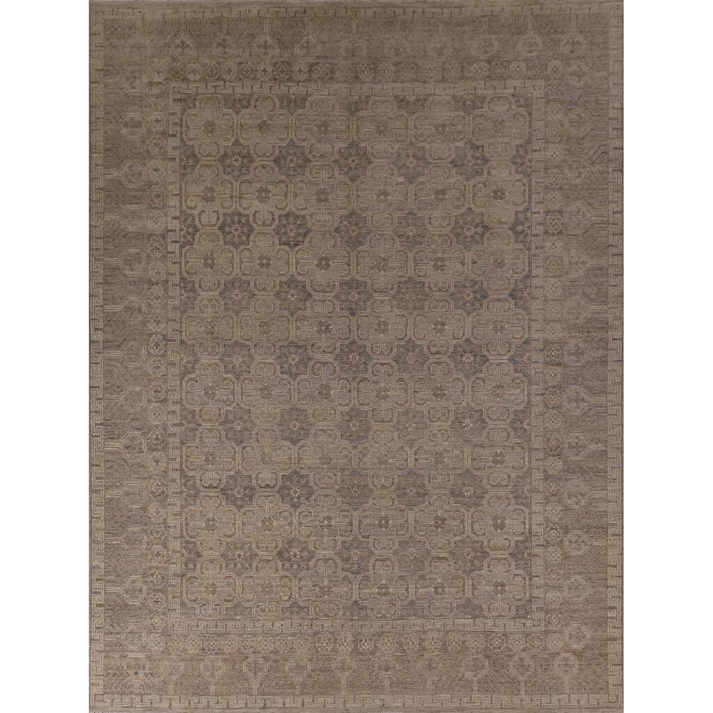 All-Over Geometric Oushak Vegetable Dye Rug Hand-Knotted Wool Carpet - 8'0" x 9'11"