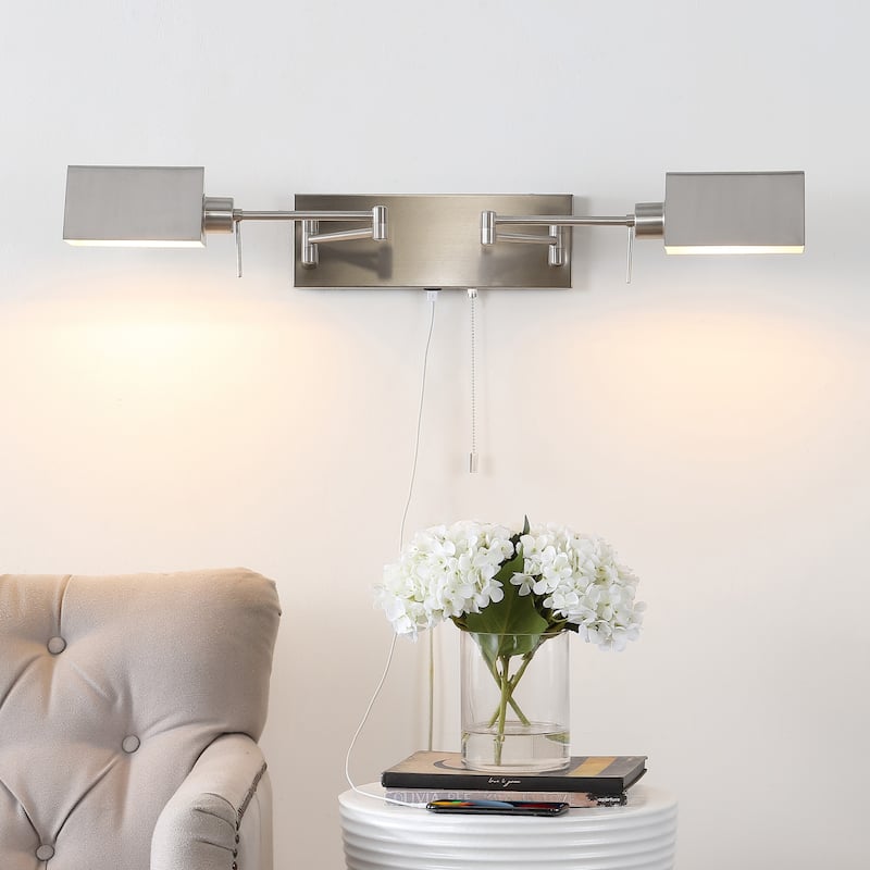 Curtis Farmhouse Swing Arm Plug-In or Hardwired Iron LED Wall Sconce with Pull-Chain with USB Charging Port, by JONATHAN Y - 2 Light - Nickel