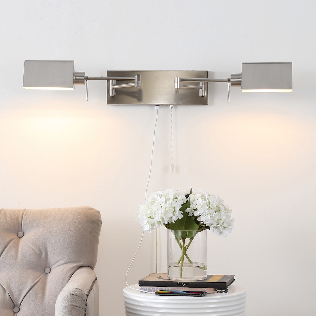 Curtis Farmhouse Swing Arm Plug-In or Hardwired Iron LED Wall Sconce with Pull-Chain with USB Charging Port, by JONATHAN Y