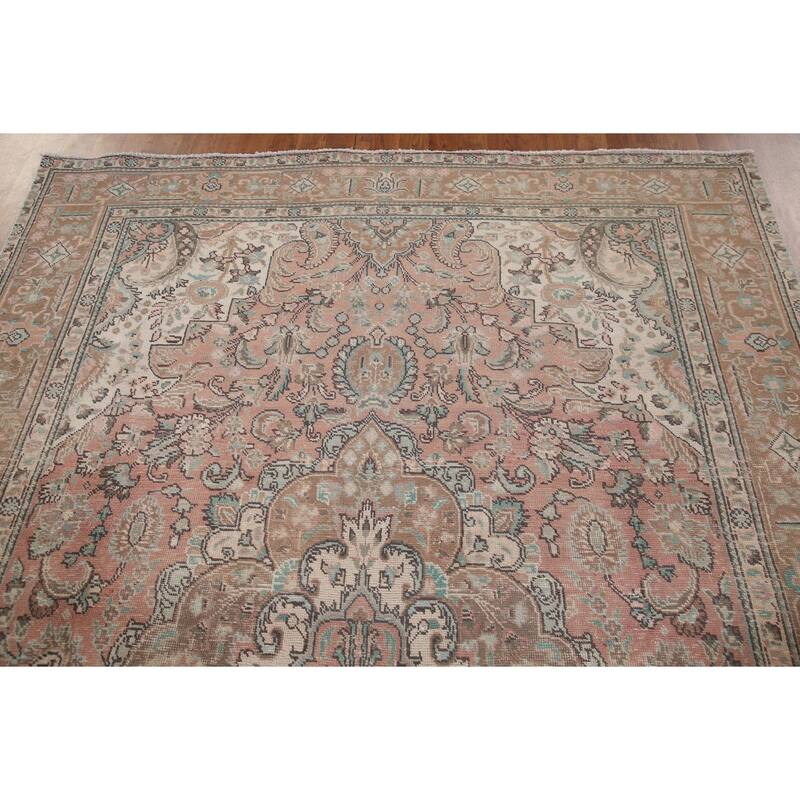 Pink Tabriz Persian Vintage Area Rug Hand-Knotted Wool Carpet - 6'3"x 9'2"
