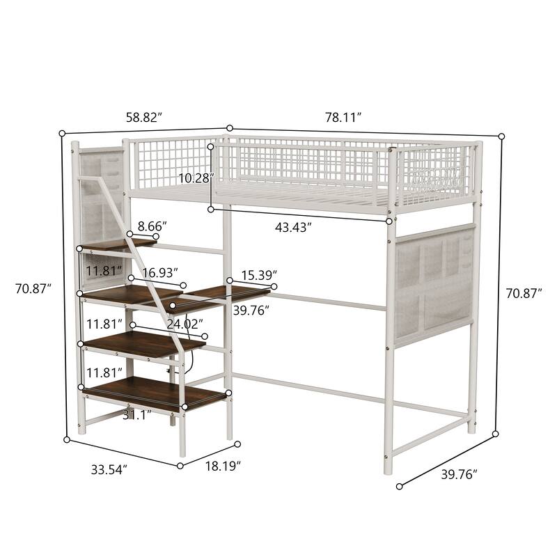 Twin Size Loft Bed with Built-in Charging Station & LED Lighting, Heavy-Duty Metal Loft Bed Frame with Desk & Safety Guardrails