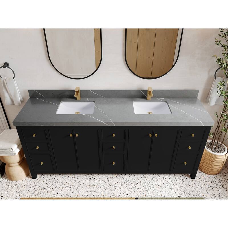 Willow Collections 84 in. W x 22 in. D Chicago Double Bowl Sink Bathroom Vanity with Countertop - 2"Piatra Gray - Black
