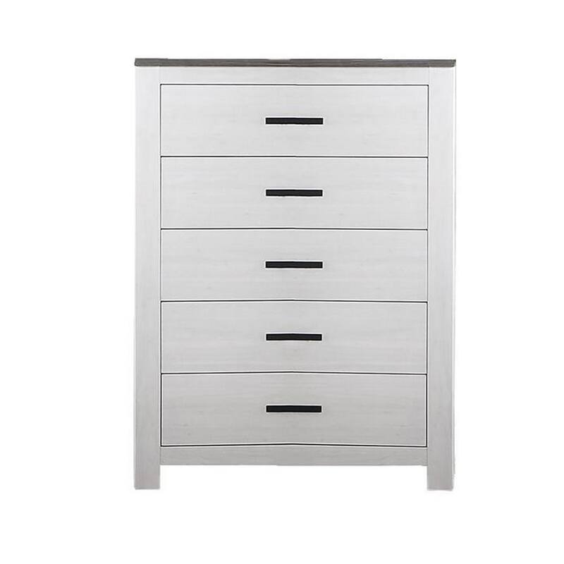 Kopa 45 Inch Tall Dresser Chest, 5 Drawers, Black Handles, White Wood