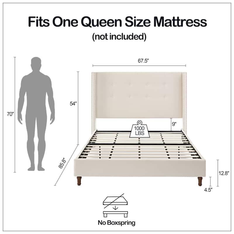 54" High Wingback Headboard Upholstered Bed For Bedroom
