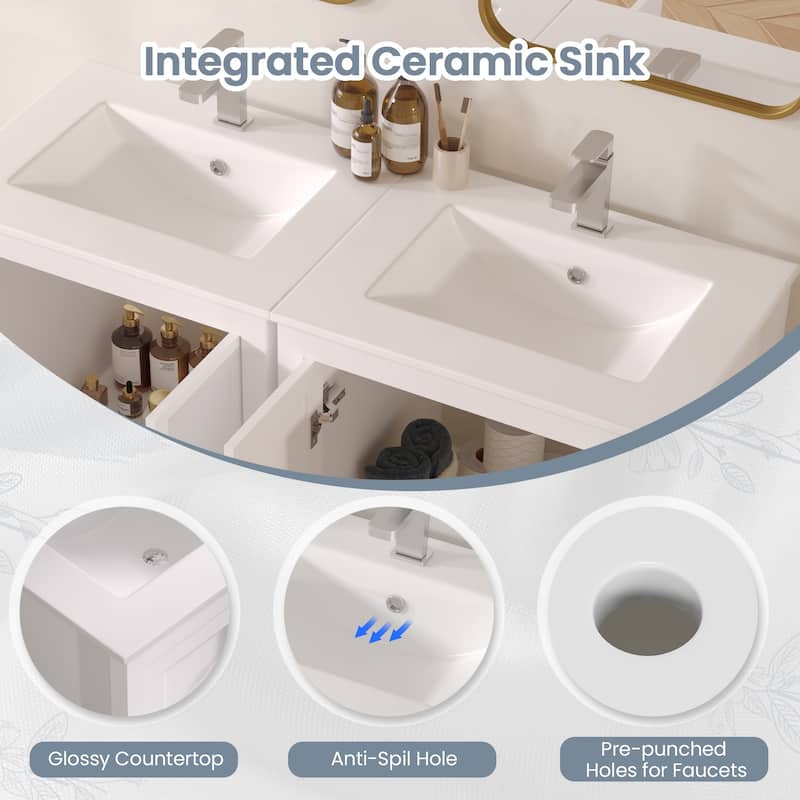 EROMMY All-in-One Bathroom Vanity with Ceramic Sink, Soft-Close Storage Cabinet & Drawer, Glossy Countertop, White
