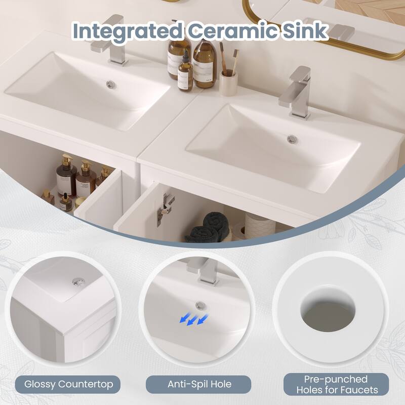 Modern Bathroom Vanity with Ceramic Sink, Soft-Close Storage Cabinet and Glossy Easy-Clean Countertop