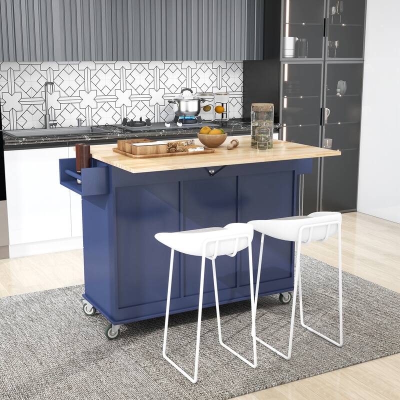 52.7 Inch Width Rolling Mobile Kitchen Island with Locking Wheels - Blue