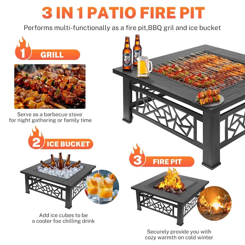 3-in-1 32 in. Wood Burning Outdoor Fire Pit/Ice Pit/BBQ Fire Pit