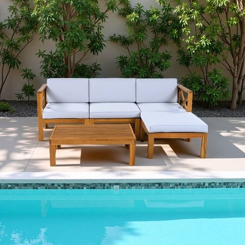 5-Piece Acacia Wood Outdoor Sectional Sofa Set with Cushions, Corner Seating Group with Ottoman and Coffee Table - Gray,Natural