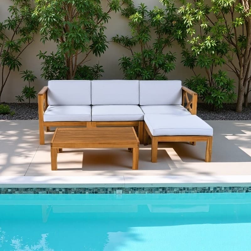 5-Piece Acacia Wood Outdoor Sectional Sofa Set with Cushions, Corner Seating Group with Ottoman and Coffee Table