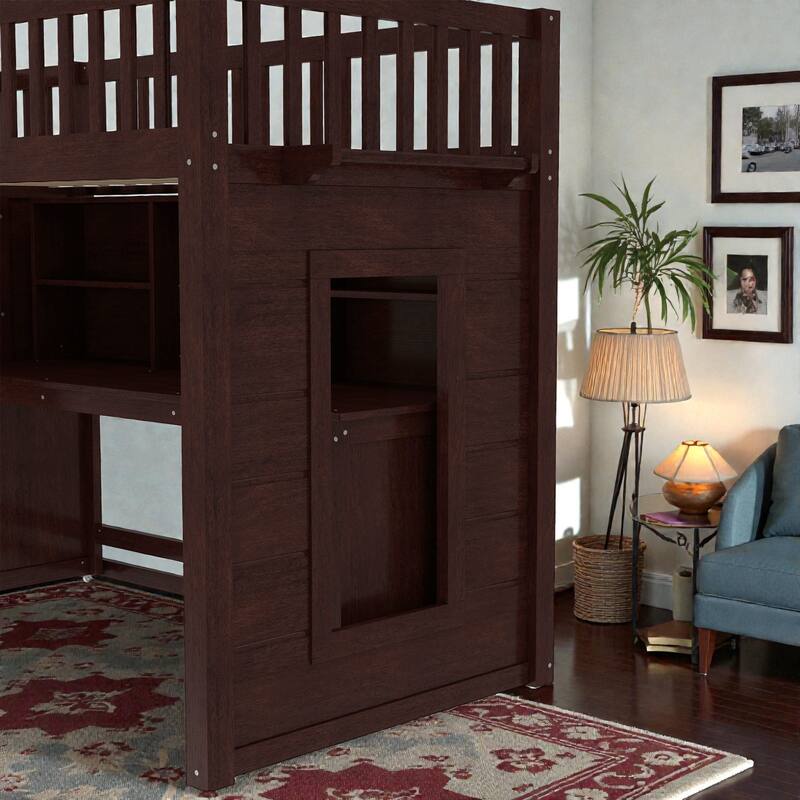 Loft Bed with Movable Desk, Storage Stairs & Shelves, Solid Wood Twin/Full High Loft Bed with Study Area & Safety Guardrails
