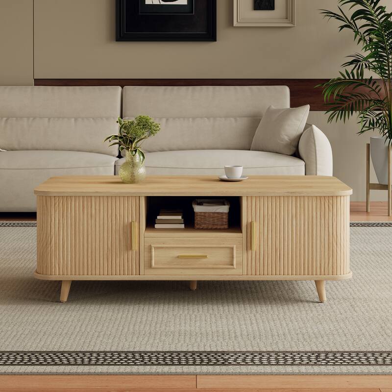 Christopher Knight Home - Arlo Mid-Century Modern Coffee Table with Tambour Doors and 6-Compartment Storage Drawer