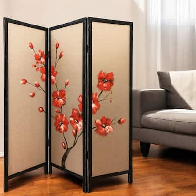 HomeRoots 63" Brown Fabric Folding Three Panel Screen Room Divider - 60' X '63' X '1
