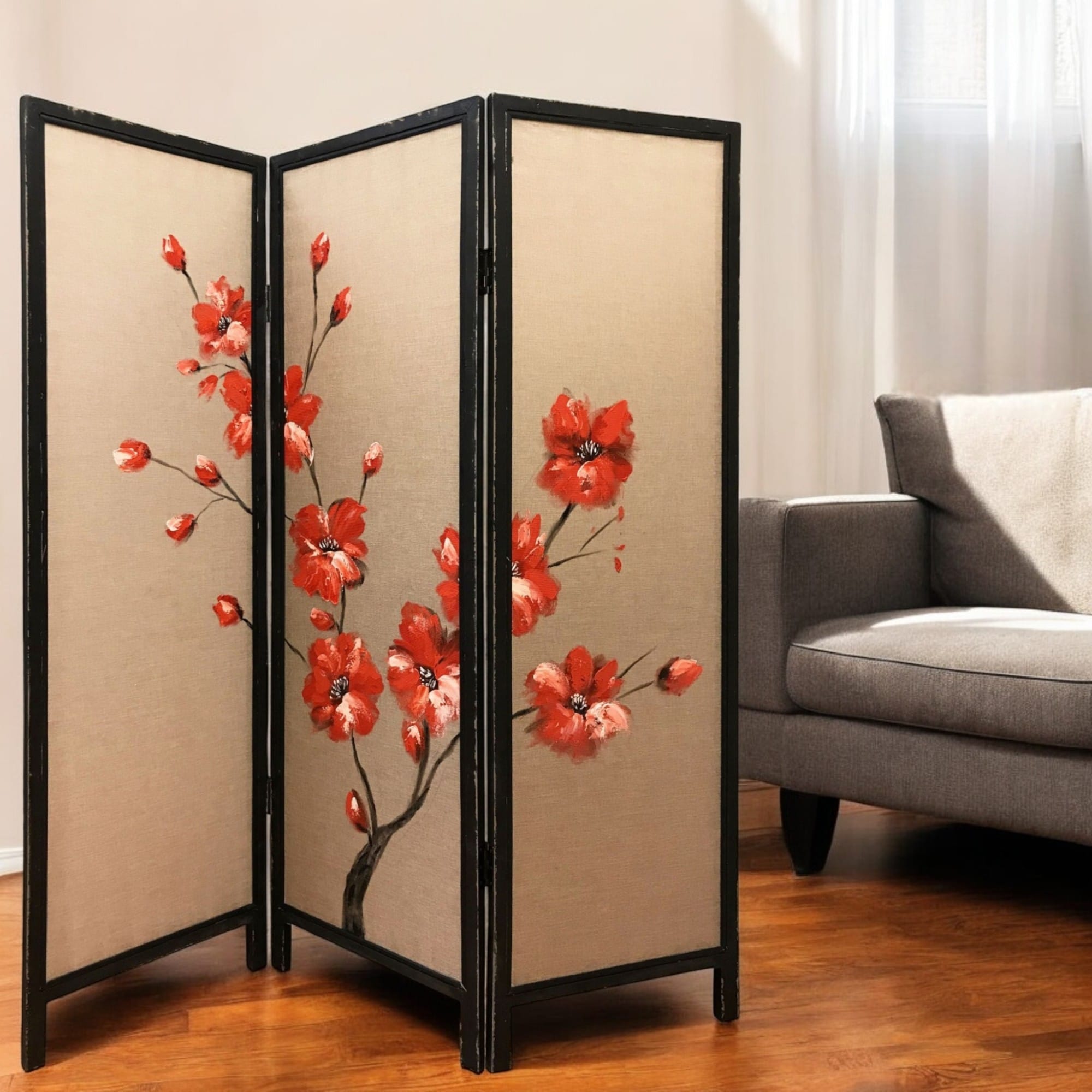 HomeRoots 63" Brown Fabric Folding Three Panel Screen Room Divider - 60' X '63' X '1