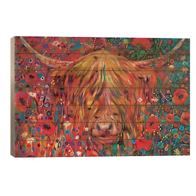 Poppy Cow Print On Wood by Sue Gardner - Multi-Color