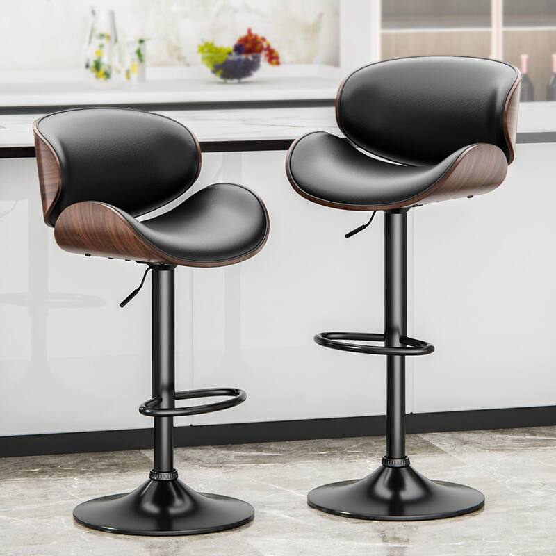 Bar Stools Adjustable Height Swivel Faux Leather Armless Barstools - Set of 2 - Black - Adjustable