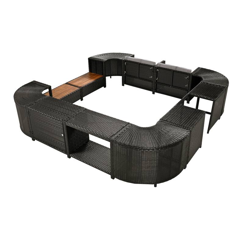 Outdoor Rattan Spa Frame Conversation Sofa Set with Storage & Wooden Bench