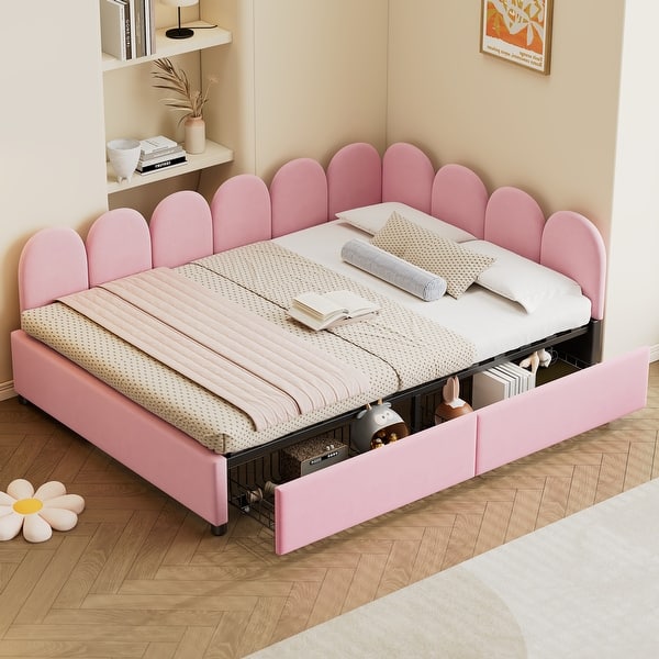 slide 2 of 13, Pink Full Size Velvet Platform Bed Daybed with 2 Drawers Pink - Full