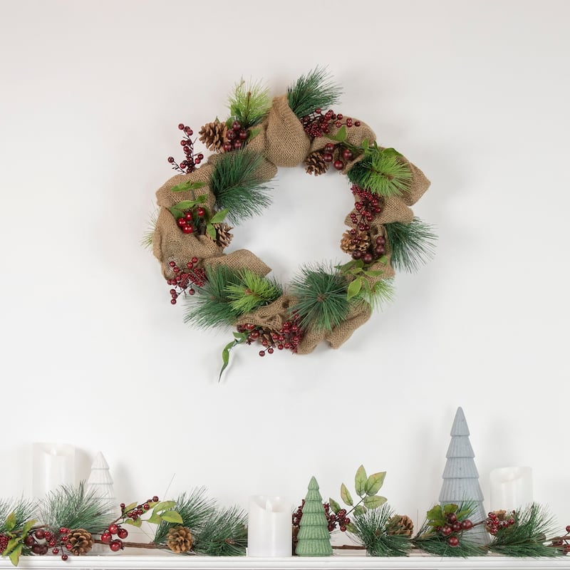 4.5' x 5.5" Green Red Snowy Pine Cones Artificial Christmas Garland