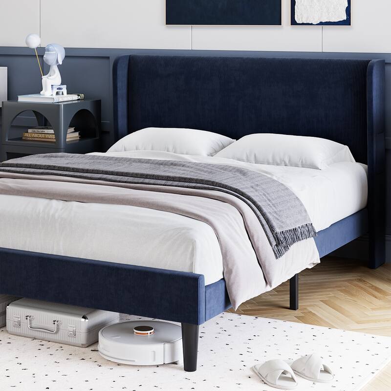 Velvet Bed Frame Full Size with Wingback Headboard and Storage Pockets