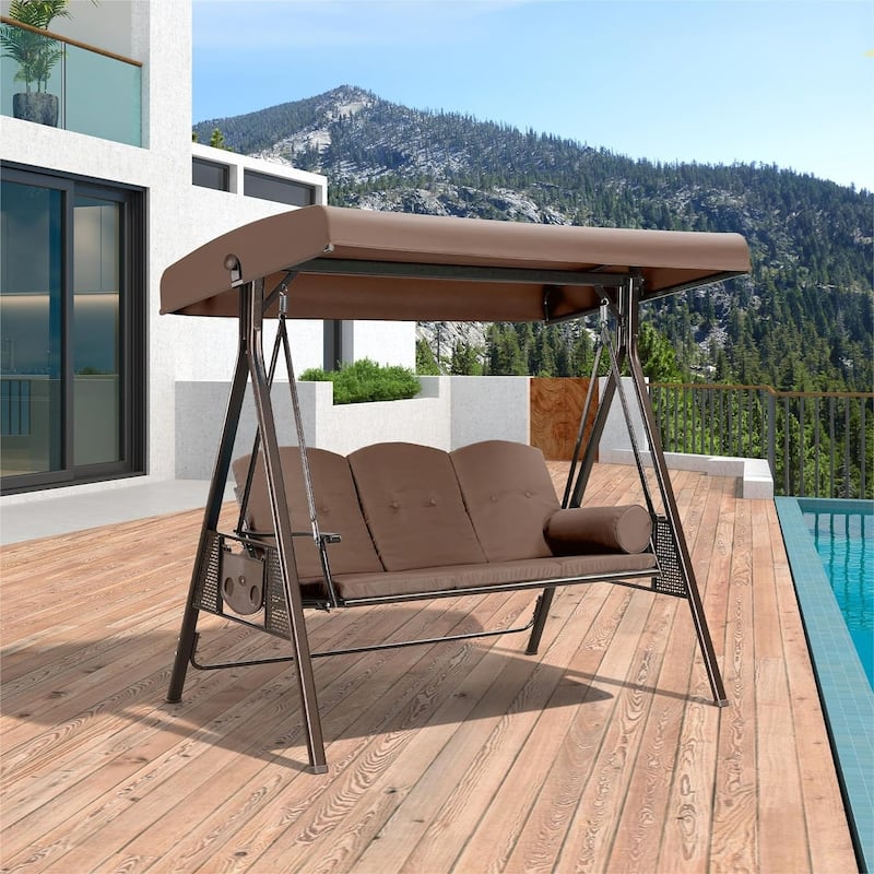 PURPLE LEAF 3-Seat Deluxe Outdoor Patio Porch Swing with Weather Resistant Steel Frame, Cushions and Pillow Included