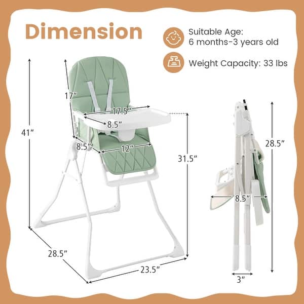 dimension image slide 1 of 2, Gymax Foldable High Chair Easy Clean Compact Highchair w/ Removable