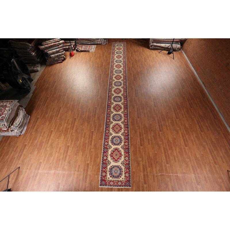Kazak Oriental Runner Rug Hand-Knotted Traditional Beige Wool Carpet - 2'8" x 25'4"
